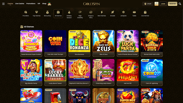 An online casino lobby page titled GoldSpin showing a grid of game tiles under an All Games heading.