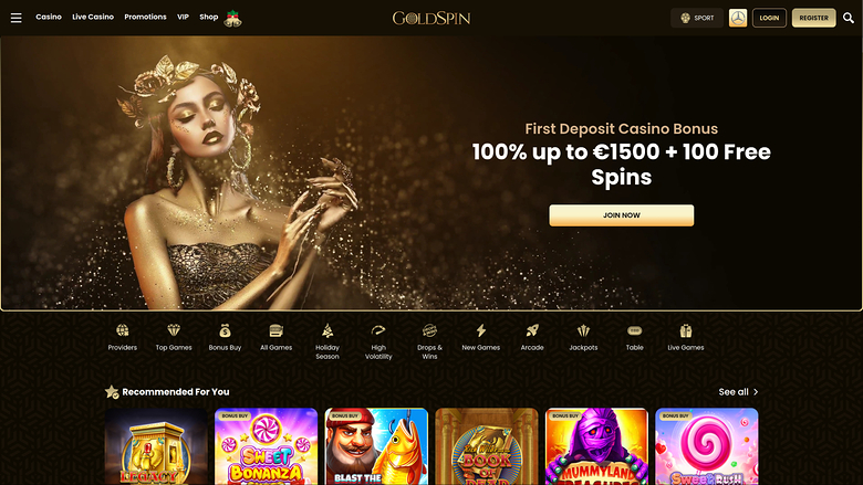 GoldSpin casino homepage showing a first deposit bonus hero banner and a row of recommended game tiles.