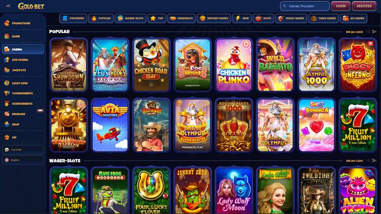 An online casino lobby screen titled Gold-Bet showing rows of game tiles under Popular and Wager-Slots headings.