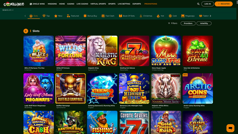 A casino lobby screen showing a grid of slot game tiles under a top navigation bar and a category filter row.