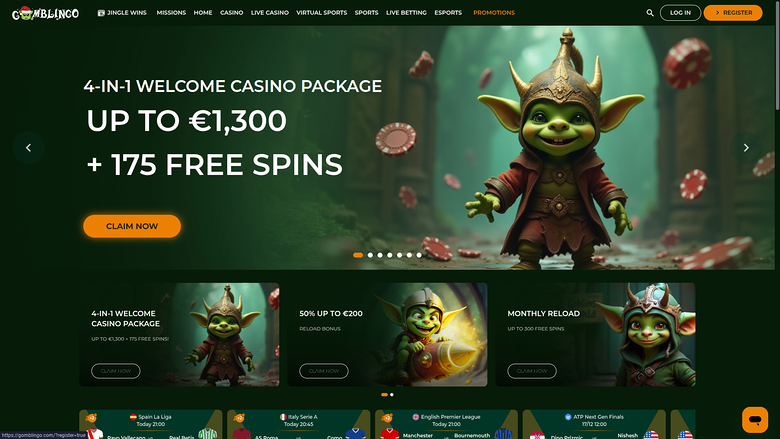 A casino homepage shows a 4-in-1 welcome package up to €1,300 plus 175 free spins over a goblin character image.