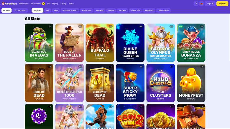 An online casino lobby titled All Slots showing a grid of slot game tiles beneath a top navigation bar and category tabs.