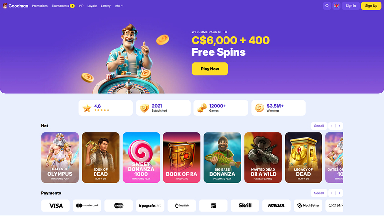 {"summary":"A desktop online casino homepage for Goodman showing a welcome bonus hero banner, trust badges, a Hot game row and a payments strip.","colours":"Pur