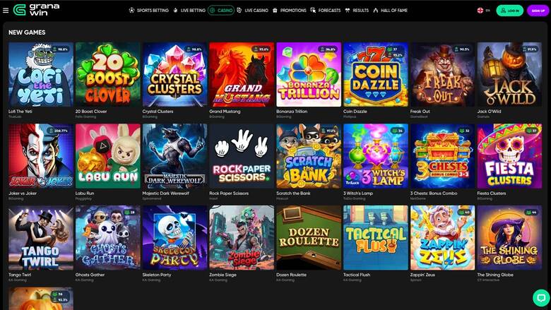 A casino lobby screen showing a 'NEW GAMES' grid of game tiles beneath a top navigation bar.