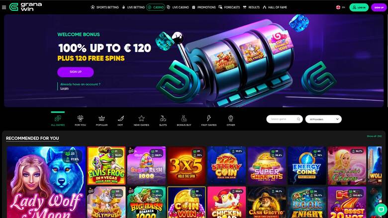 A GranaWin online casino lobby showing a welcome bonus hero banner and a grid of recommended game tiles.