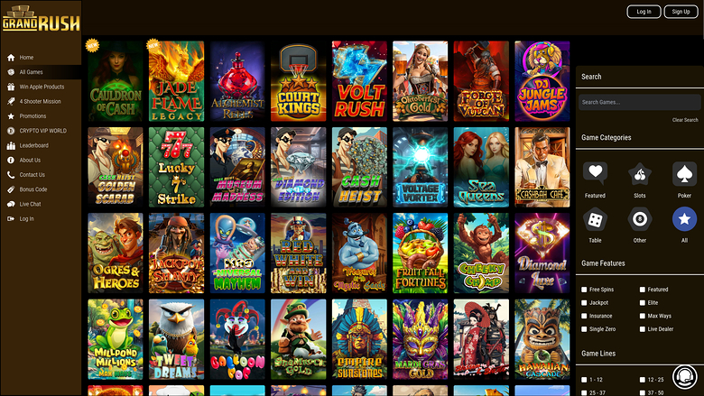 An online casino lobby page titled Grand Rush showing a grid of game thumbnails with a left sidebar menu and a right sidebar of search and category filters.