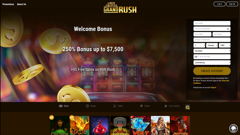 A Grand Rush casino landing page showing a welcome bonus offer beside a registration form and a row of game tiles.