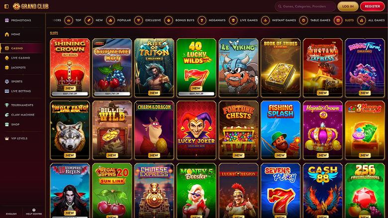 An online casino lobby screen showing a grid of game tiles under a 'Slots' tab with a left sidebar menu and top navigation bar.