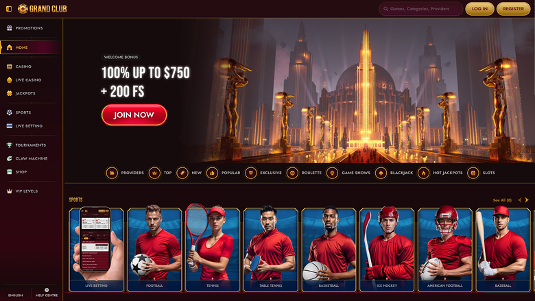 A 'Grand Club' online casino lobby screenshot showing a welcome bonus hero banner and a row of sports betting category tiles.