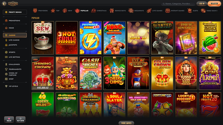 An online casino lobby shows a grid of game tiles under a Popular heading, with a left sidebar menu and a top navigation bar.