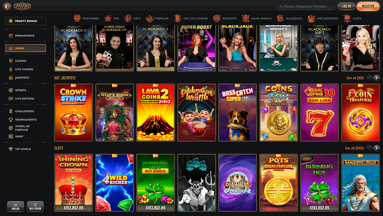 An online casino lobby shows a left sidebar menu, a top category bar, and rows of game tiles under Hot Jackpots and Slots headings.