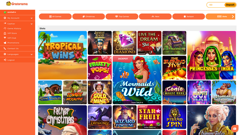 An online casino lobby for Gratorama showing a left account menu, a top category bar and a grid of slot game tiles.