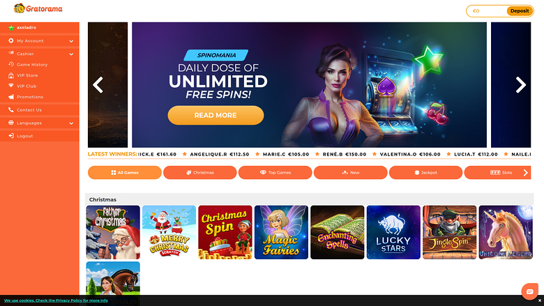 Gratorama casino lobby showing a Spinomania free spins banner, a latest winners ticker, category tabs and a Christmas game row.