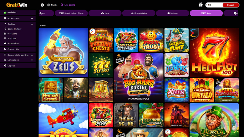 A logged-in online casino lobby showing a left account menu, top navigation tabs, and a grid of game tiles under a Slots heading.
