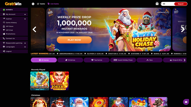 Gratowin casino lobby showing a Sweet Holiday Chase weekly prize drop promotion, category tabs, and game tiles.