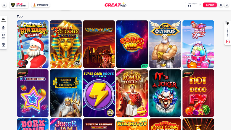 A Greatwin casino lobby screen showing a 'Top' grid of game tiles beneath a header with balance, deposit and search controls.