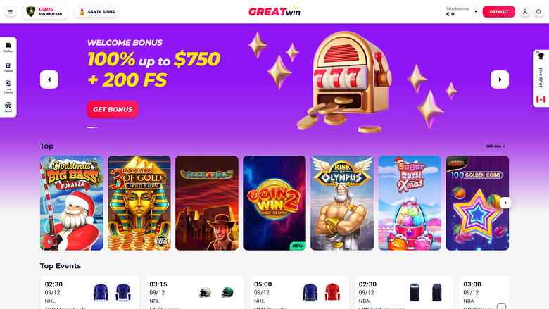 A Greatwin casino lobby screenshot showing a welcome bonus banner and rows of game tiles.