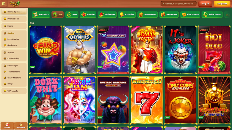 An online casino lobby screenshot showing a left sidebar menu, a top category bar and a grid of game tiles under a 'Top' heading.