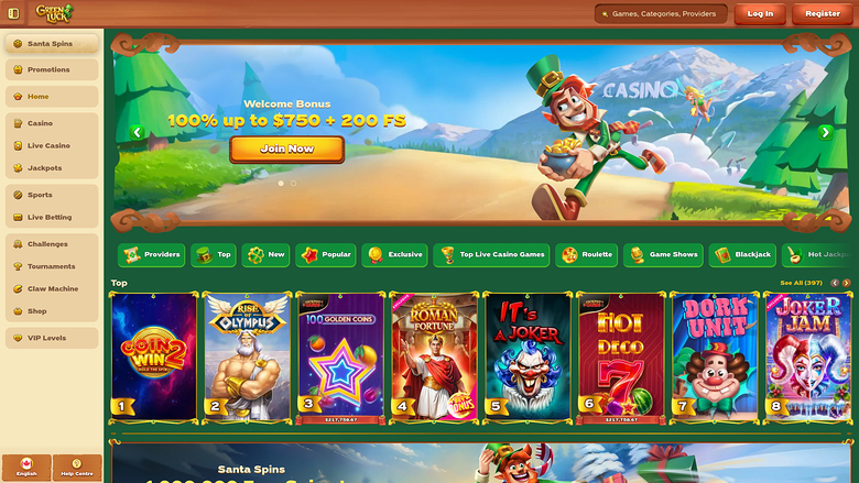 An online casino lobby screen showing a leprechaun-themed welcome bonus banner, a left sidebar menu, category tabs and a row of numbered game tiles.