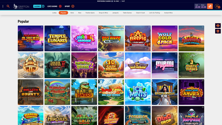 A casino lobby screen showing a grid of game tiles under a Popular heading with top navigation and category tabs.