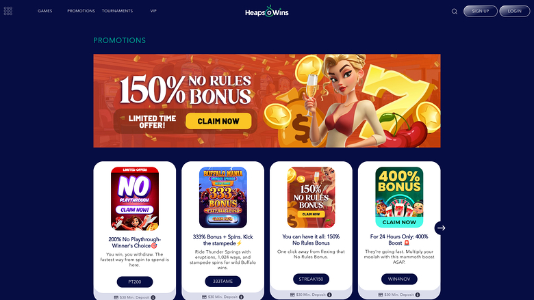 Heaps O Wins Casino — Promotions page