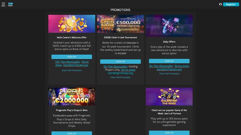 Hello Casino — Promotions page