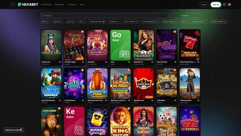 A casino lobby screen on a dark background showing a grid of game tiles beneath a search bar and category filters.