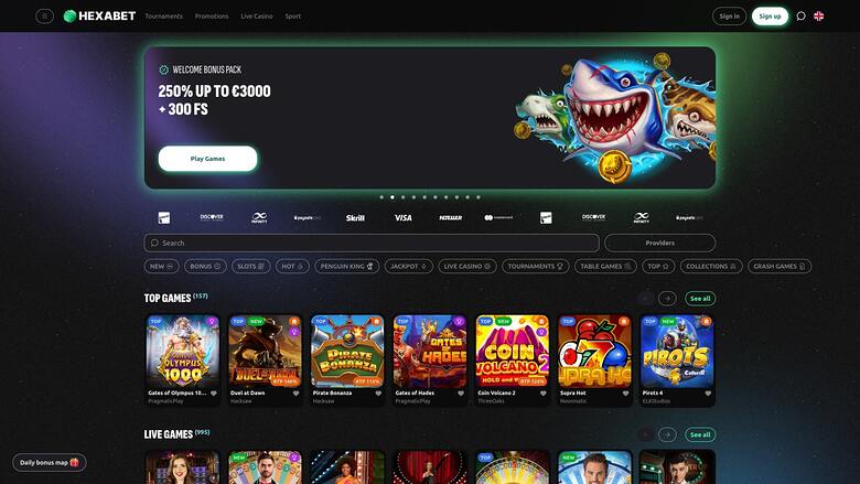 A dark-themed online casino lobby shows a welcome bonus banner, filter controls, and rows of game tiles under Top Games and Live Games.