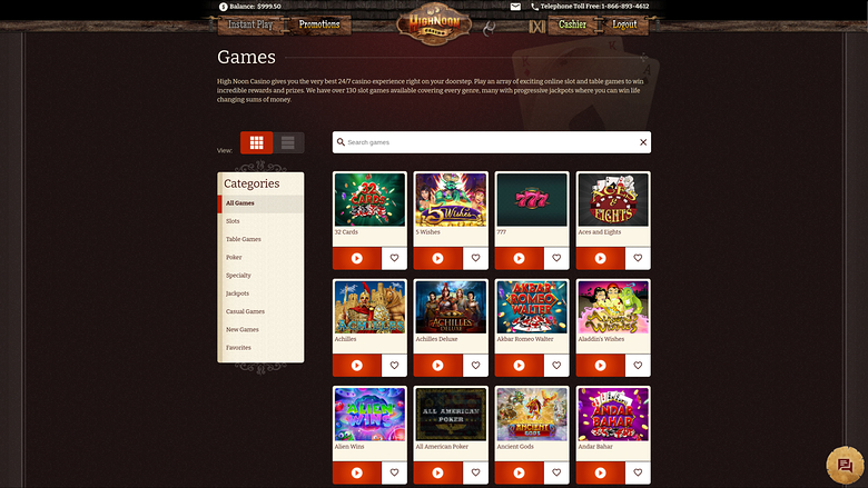 A casino 'Games' lobby page with a left category sidebar and a grid of game tiles under a search bar.