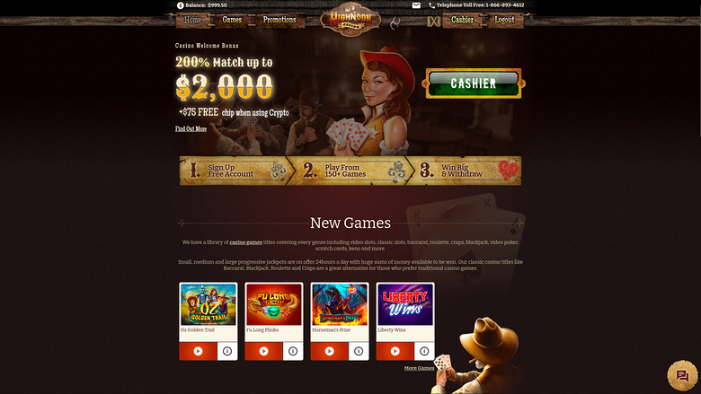 A desktop online casino lobby shows a welcome bonus banner, a three-step sign-up strip, and a New Games row of four game tiles.