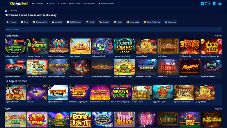 An online casino lobby screen showing rows of game thumbnails under Halloween, UK Top 10 Games and New sections.