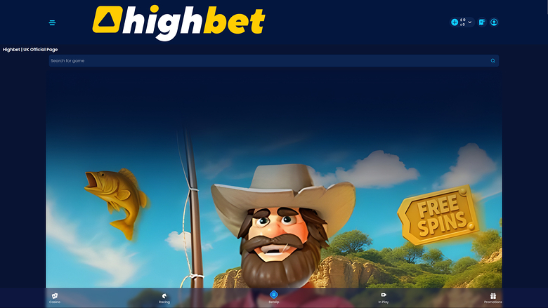 A Highbet casino homepage showing a large fishing-themed banner with a cowboy character and a 'FREE SPINS' sign.