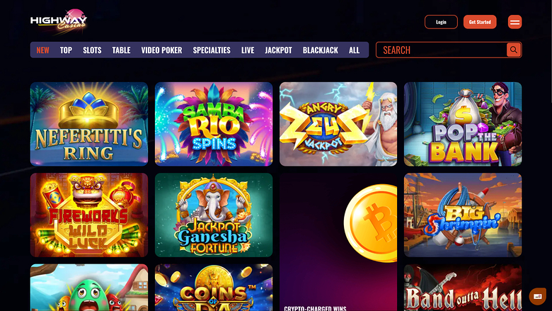 A casino lobby screen showing a grid of game tiles beneath a category menu and search bar.