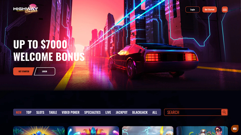 A casino landing page with a neon city hero banner advertising a welcome bonus and a row of lobby category tabs above partially visible game tiles.