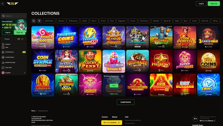A casino lobby 'Collections' page showing a grid of game tiles with a left sidebar and a promotional banner.