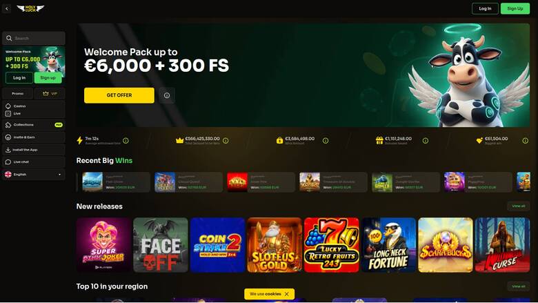 An online casino lobby screenshot showing a welcome bonus hero banner, a left sidebar menu, jackpot counters and rows of game tiles.