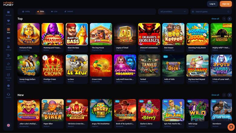 A dark-themed online casino lobby shows a 'Top' row of nine game tiles and a 'New' row of nine game tiles beneath a header with login and sign-up buttons.