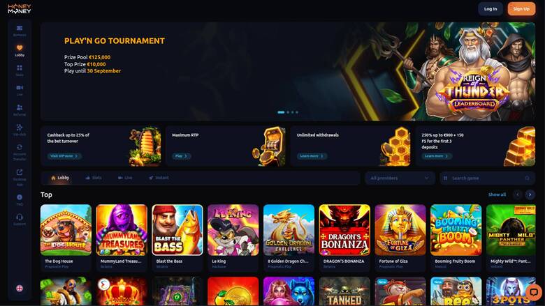 A dark-themed online casino lobby shows a 'Play'n GO Tournament' hero banner, a row of promotional tiles, and a grid of game thumbnails under a 'Top' heading.
