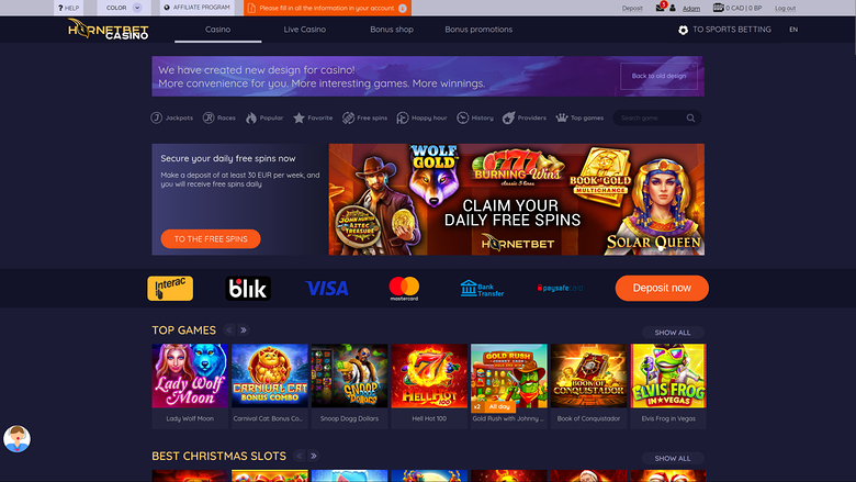 A Hornetbet online casino lobby page showing a daily free spins promotion, payment method icons and rows of game thumbnails.