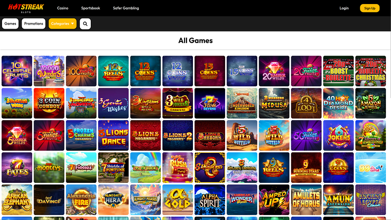 An online casino lobby screen showing an 'All Games' grid of game tiles beneath a header with login and sign-up buttons.