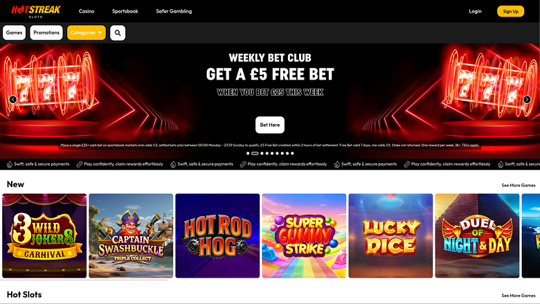 A casino homepage with a 'Weekly Bet Club' promotion hero banner and rows of game tiles under 'New' and 'Hot Slots'.