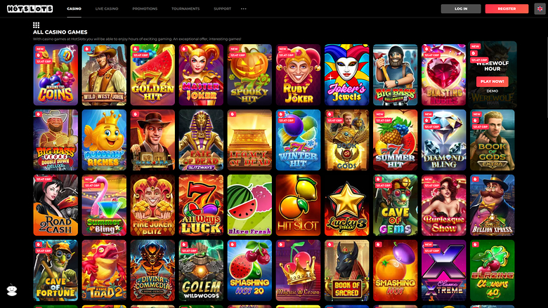 A casino lobby screen showing a grid of game tiles under an 'All Casino Games' heading with top navigation and login/register buttons.