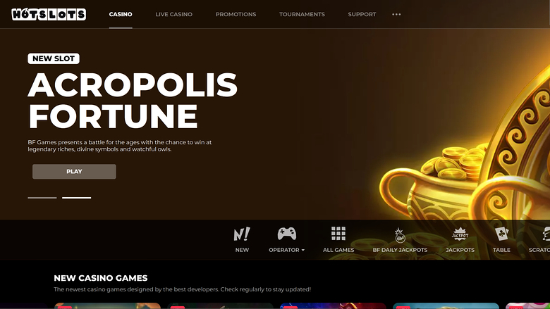 A casino homepage hero banner promoting the slot Acropolis Fortune by BF Games, with a category bar and a New Casino Games section below.
