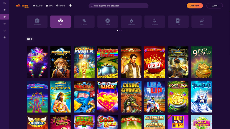 A casino lobby screen showing a top navigation bar, a row of category filters, and a grid of game tiles under an 'ALL' heading.