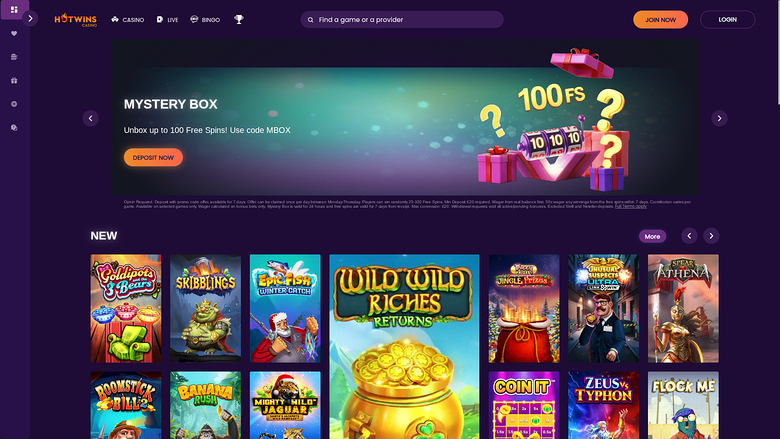 A desktop online casino lobby shows a Mystery Box promotion banner above a New games row of slot tiles.
