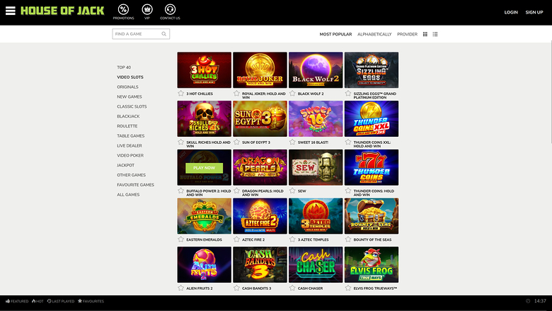 A casino lobby screen for House of Jack showing a left category menu and a grid of game tiles under a search bar and sorting tabs.