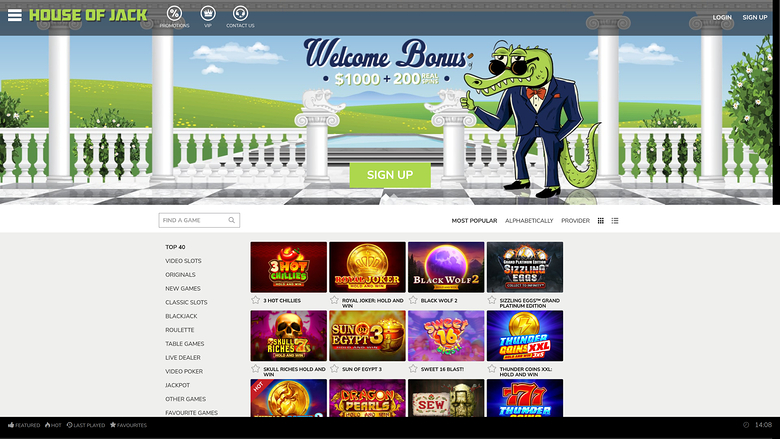 Casino lobby homepage for House of Jack showing a welcome bonus hero banner and a grid of game tiles.