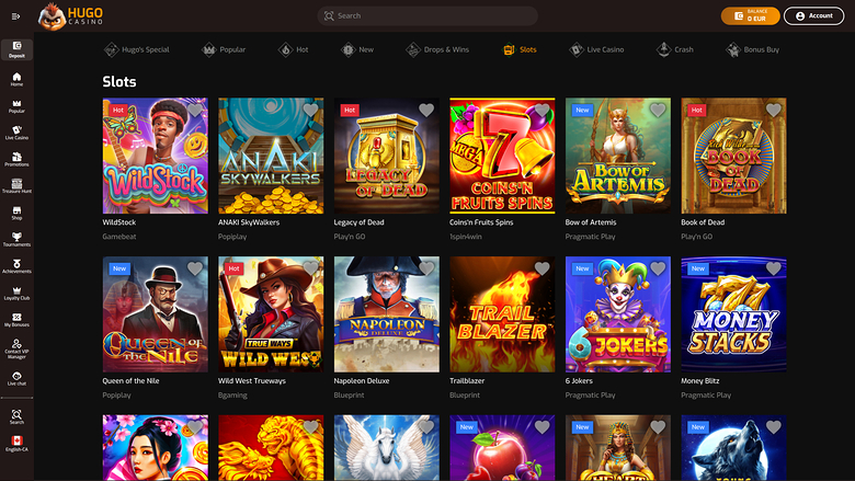 An online casino lobby for Hugo Casino showing a grid of slot game tiles under a 'Slots' category with a left sidebar and top search bar.