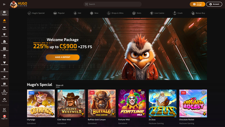 An online casino lobby for Hugo's casino showing a welcome package banner and a row of game tiles under a Hugo's Special heading.