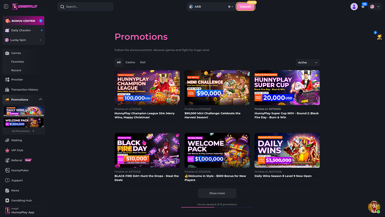 HunnyPlay Casino — Promotions page
